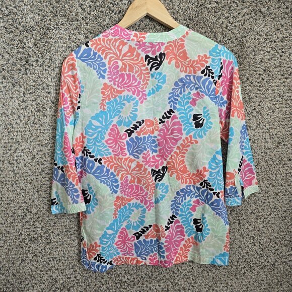 Talbots Top Womens‎ SP Petite Small Pink Blue Semi Sheer V Neck Floral Blouse - Picture 7 of 7